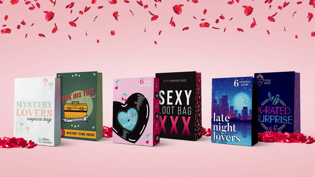 Lineup of Nobü Surprise Bags displayed on a pink background with rose petals falling, featuring Mystery Lovers, Work His Tool, Rock Her World, Sexy Loot Bag, Late Night Lovers, and X-Rated Surprise themes.